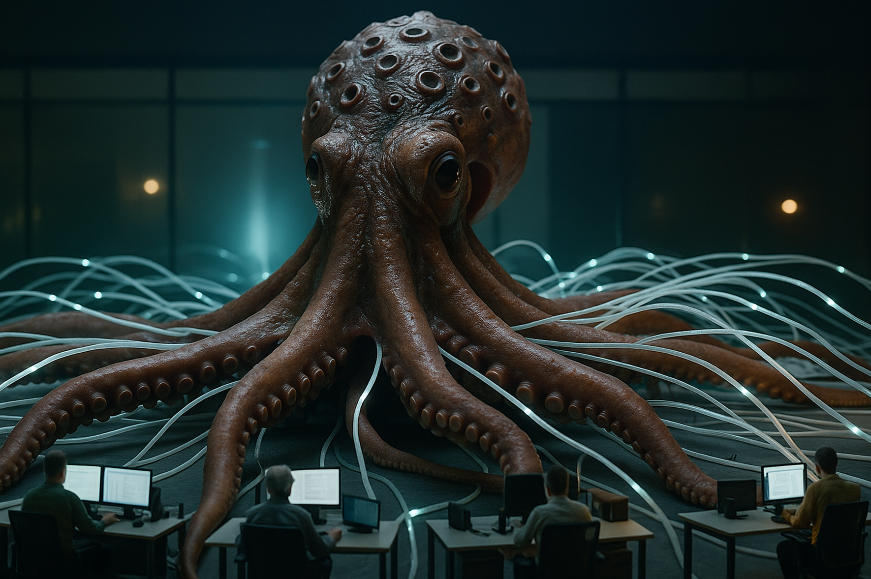 AI octopus reaching into laptops